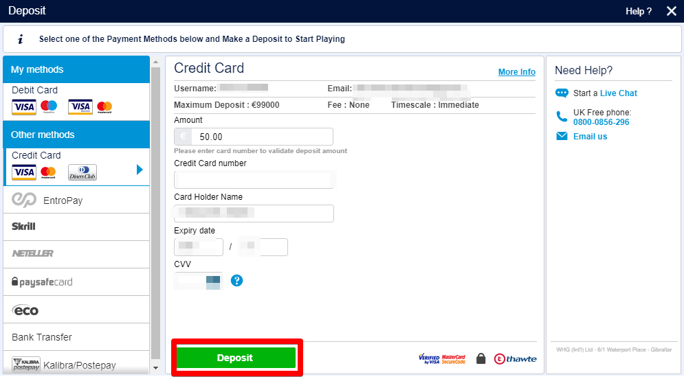 William Hill screenshot showing the "Deposit" button that needs to be clicked after entering debit card details
